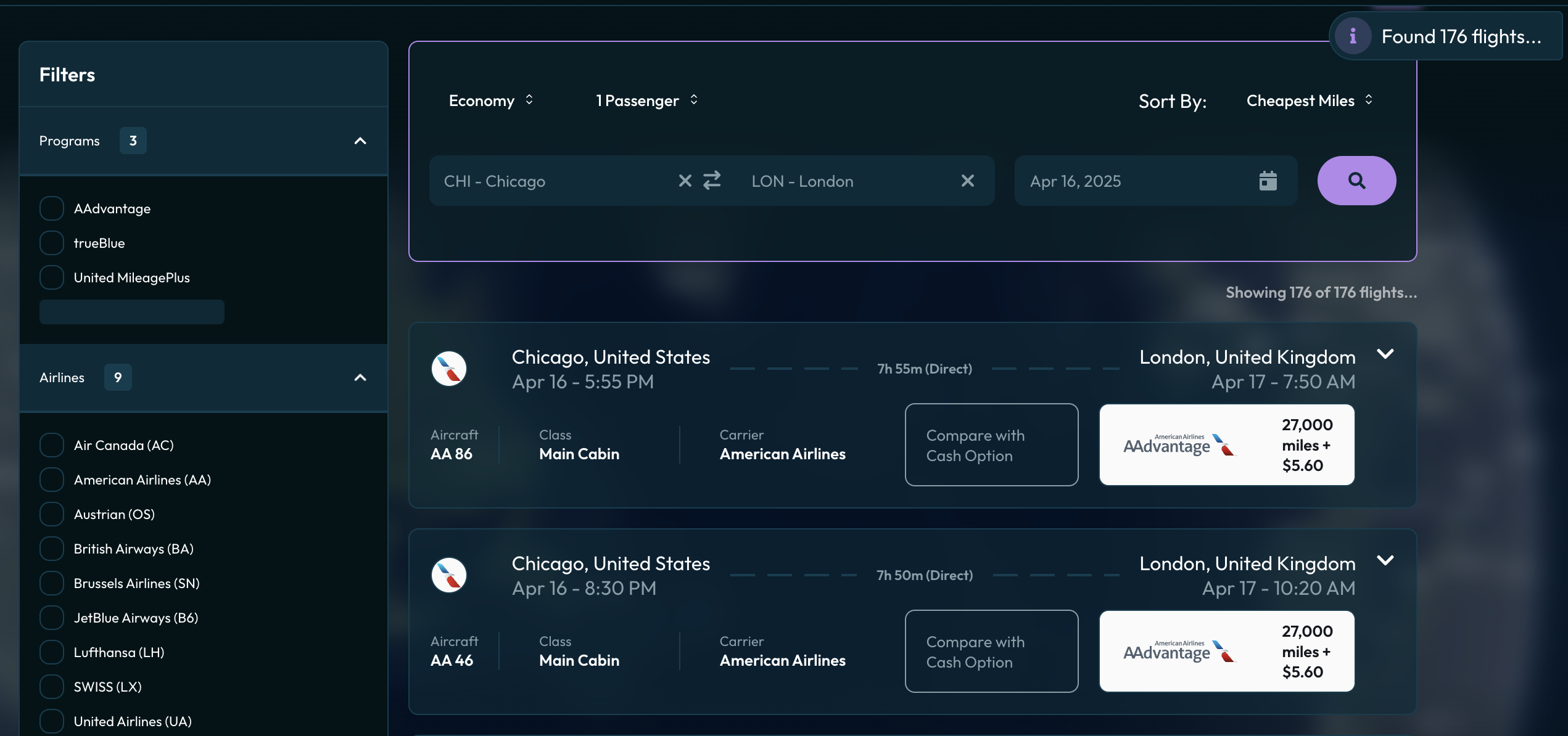 Example flight search in Daily Drop Pro